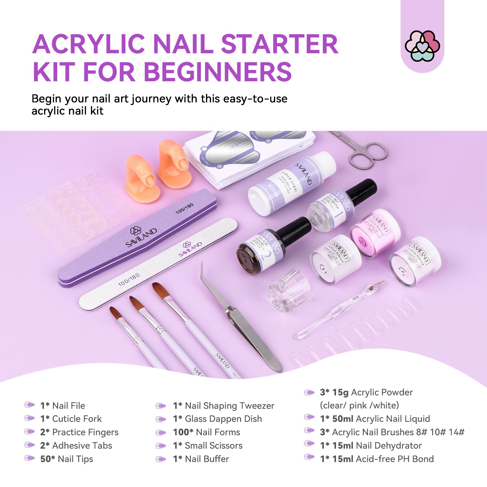 SAVILAND acrylic powder collection in clear pink and white offers versatile color options.