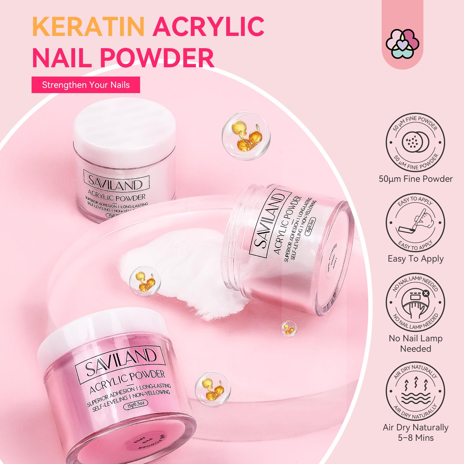 SAVILAND acrylic powder colors in clear pink and white for versatile nail art
