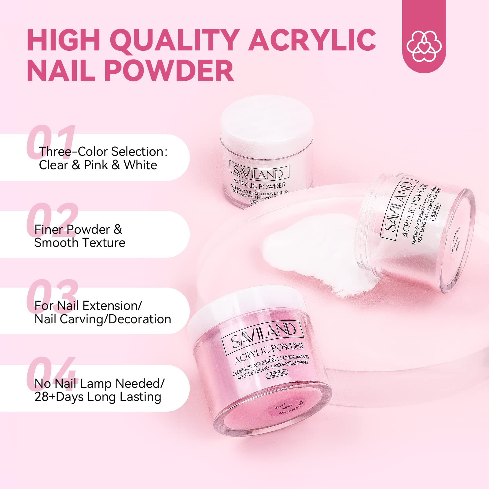 SAVILAND ultrafine acrylic powder for strong extensions and smooth color build.
