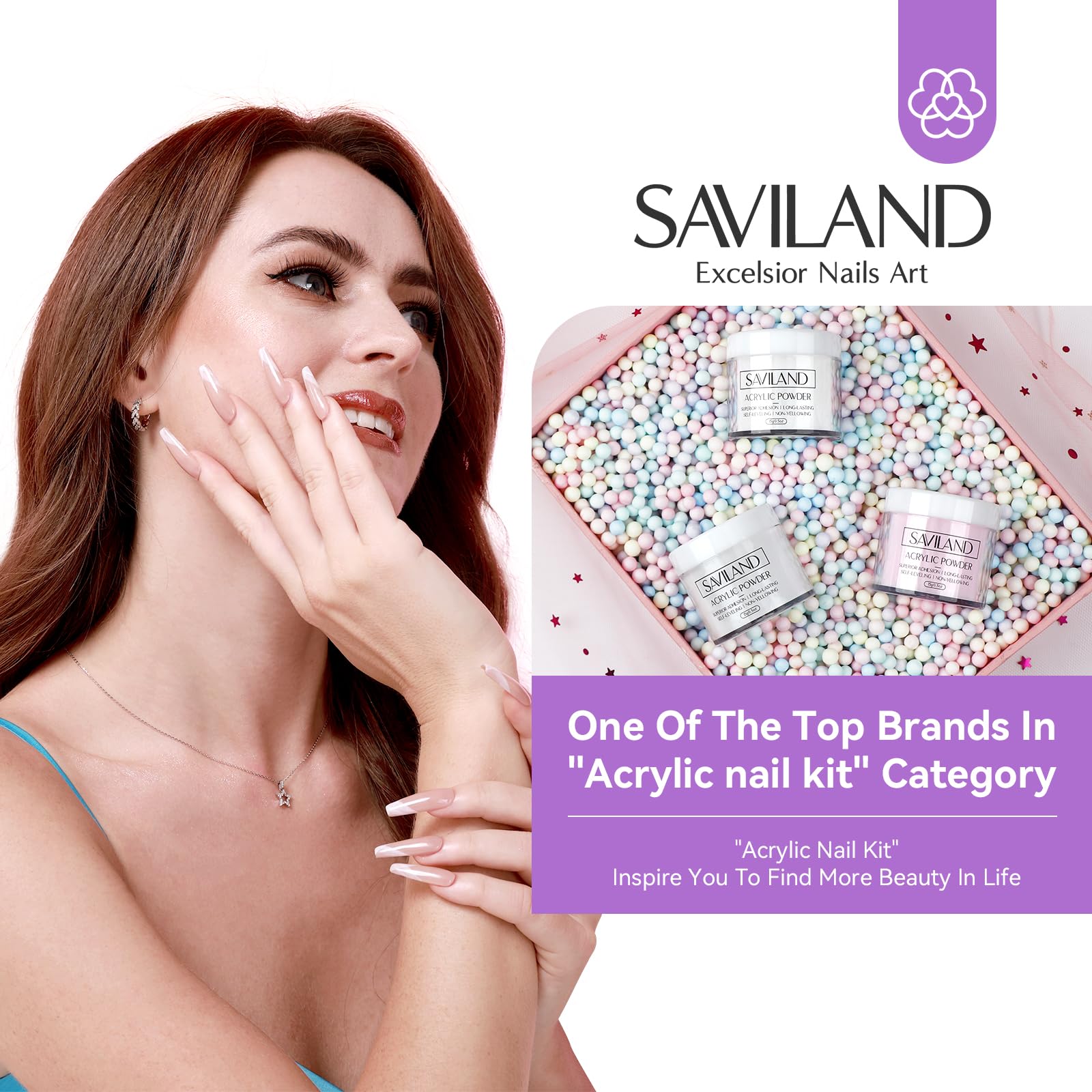 SAVILAND acrylic powders in clear, white, and pink for versatile French and sculpted nails