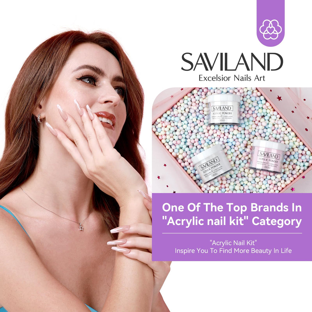 SAVILAND acrylic powders in clear, white, and pink for versatile French and sculpted nails