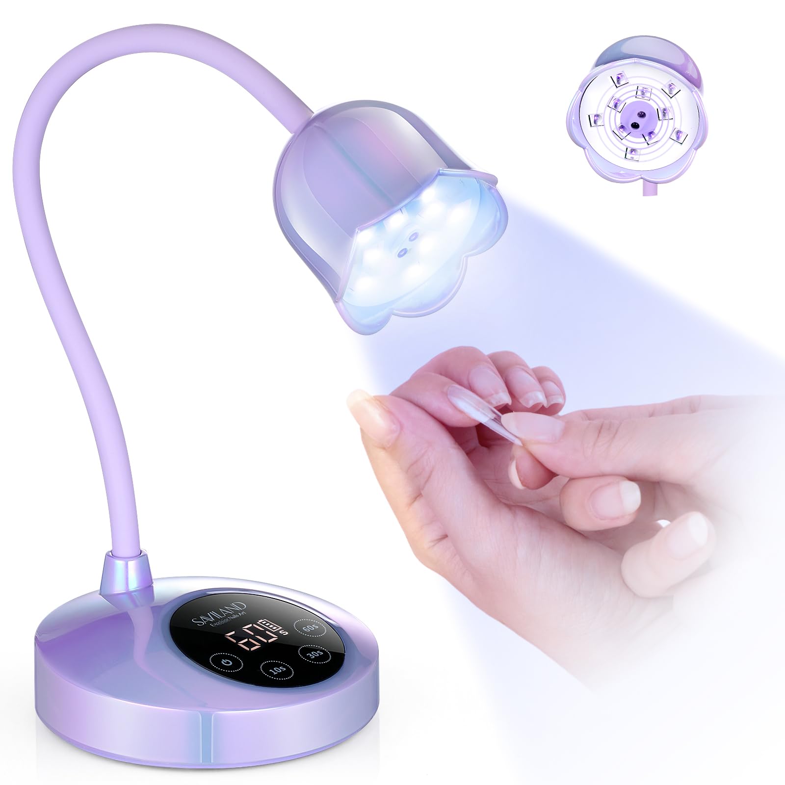 SAVILAND Advanced 30W UV Nail Lamp front view enables cordless gel curing anywhere.