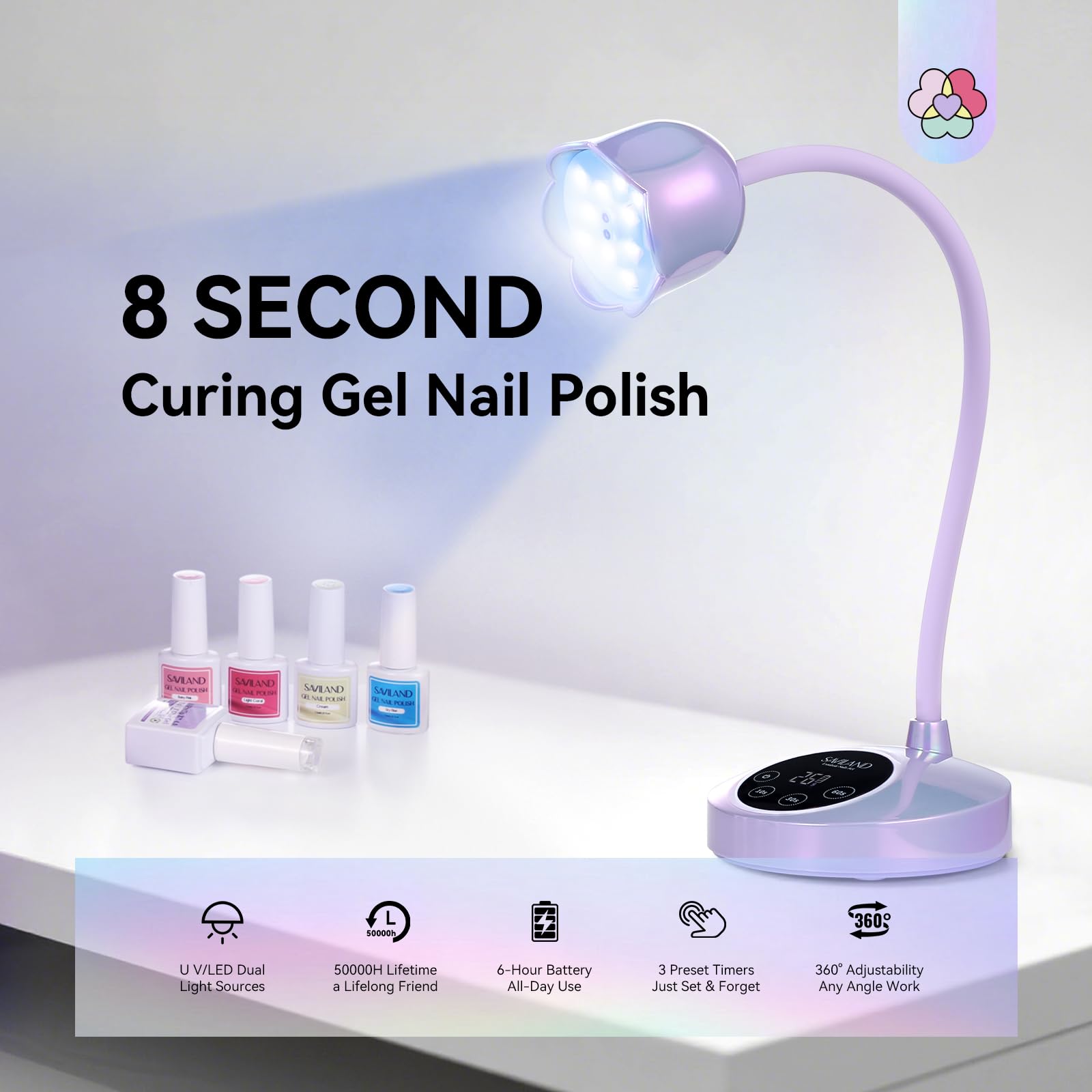 SAVILAND Advanced 30W UV Nail Lamp usage angle shows gooseneck for precise placement.