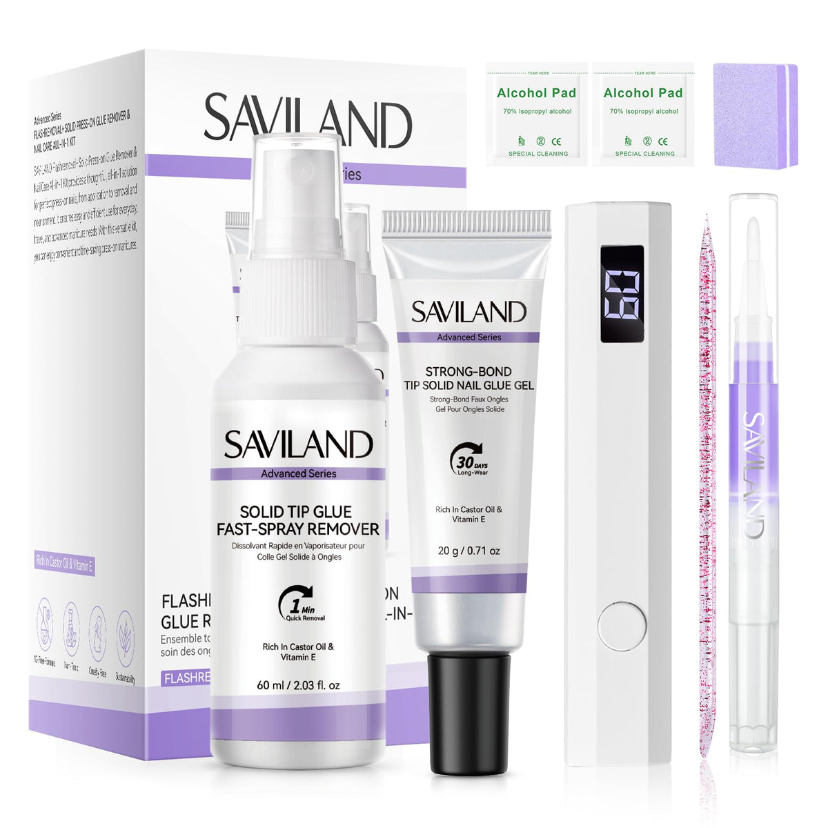 SAVILAND Advanced Solid Nail Glue Gel Kit front packaging for easy at-home manicures.