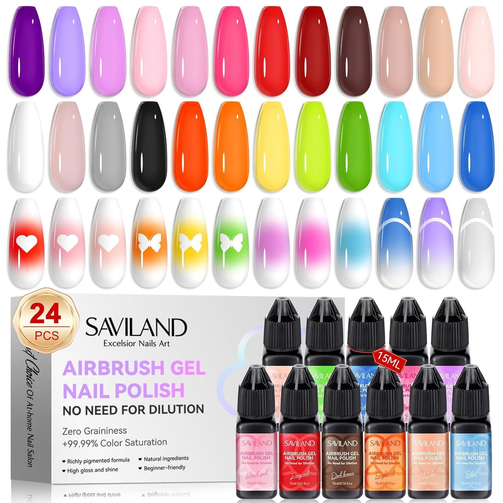 SAVILAND airbrush gel nail polish bottle closeup showing vibrant colors for smooth, even application