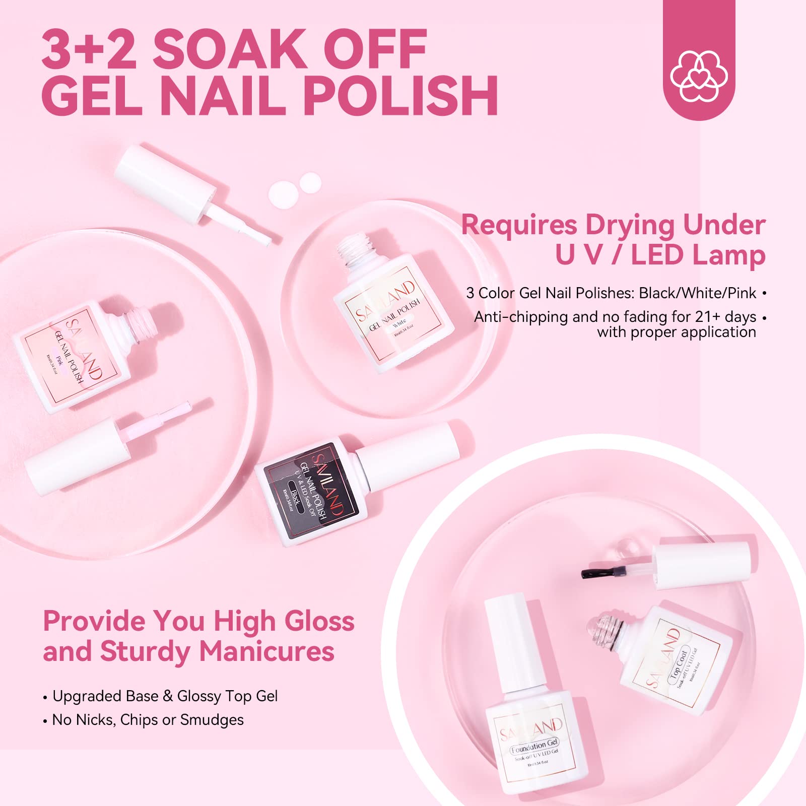 SAVILAND base and top gel for lasting shine and sleek finish.