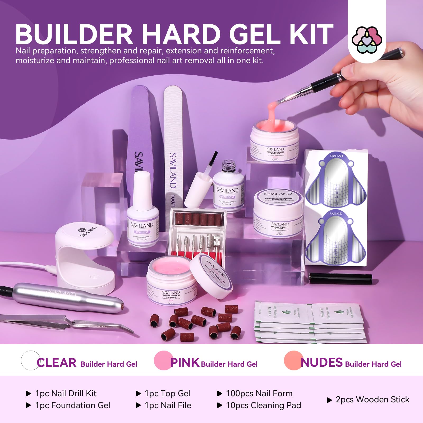 SAVILAND builder gel set contents with gels and tools for DIY nails.