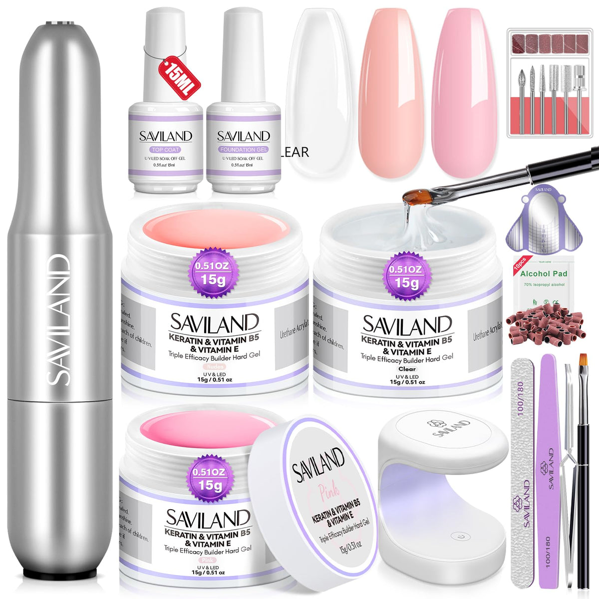 SAVILAND builder gel set packaging highlights at-home nail extension kit.