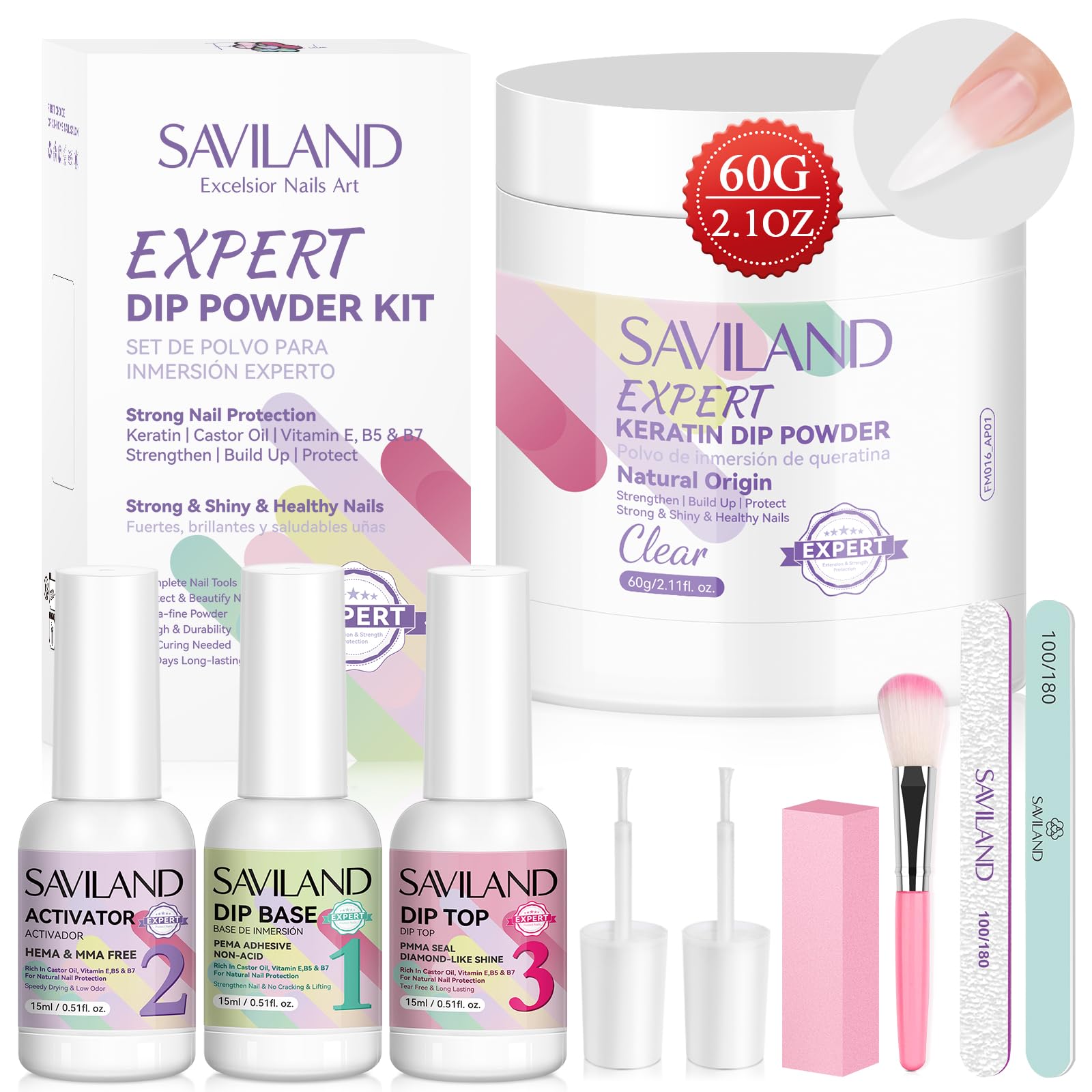 SAVILAND clear dip powder kit front view for beginner-friendly DIY nails
