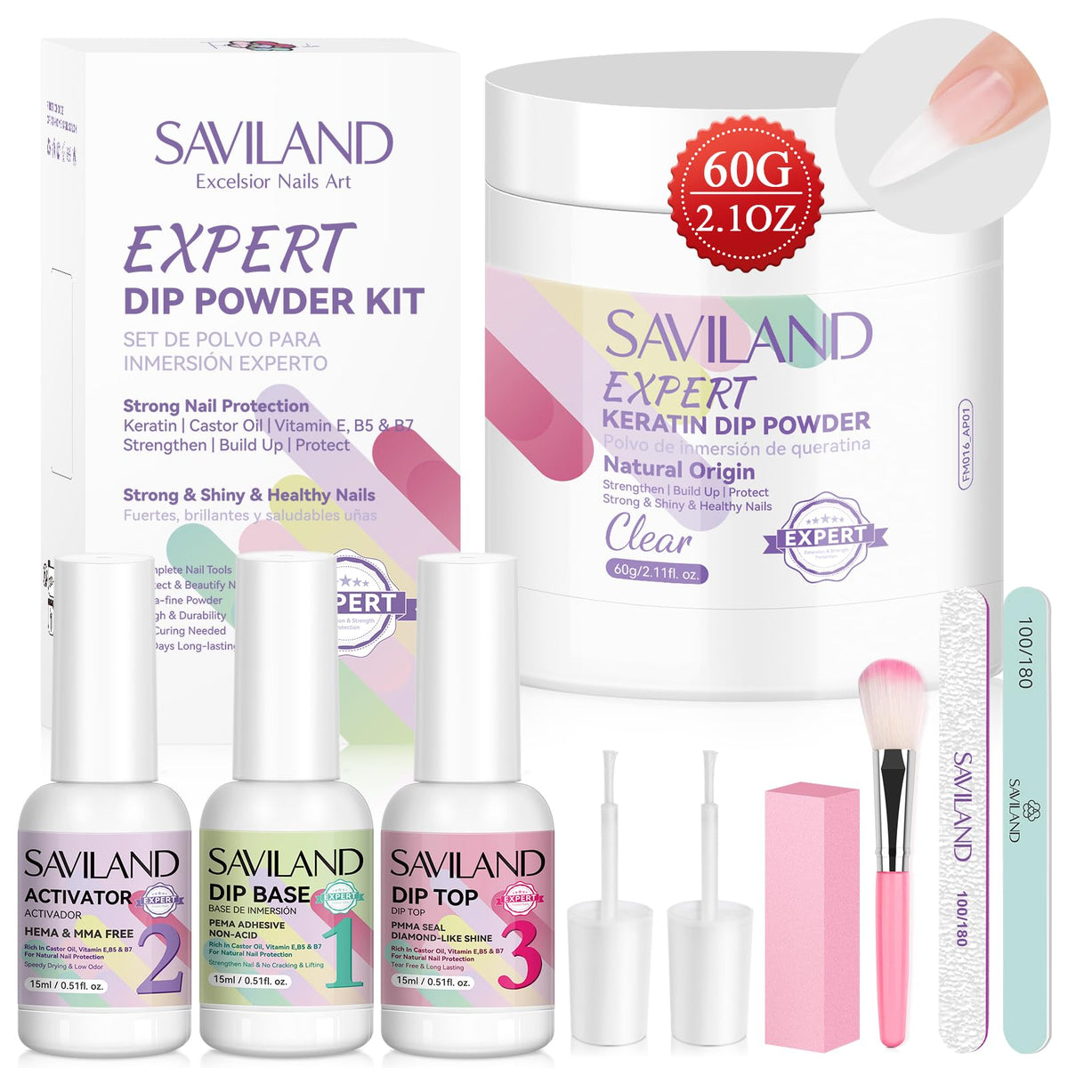SAVILAND clear dip powder kit front view for beginner-friendly DIY nails