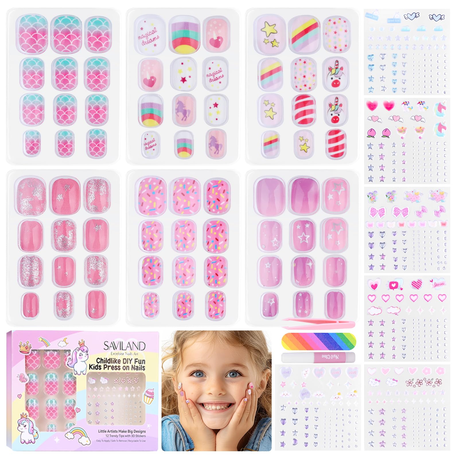 SAVILAND Creative Press on Nails for Kids 6-pack in colorful finishes for DIY art