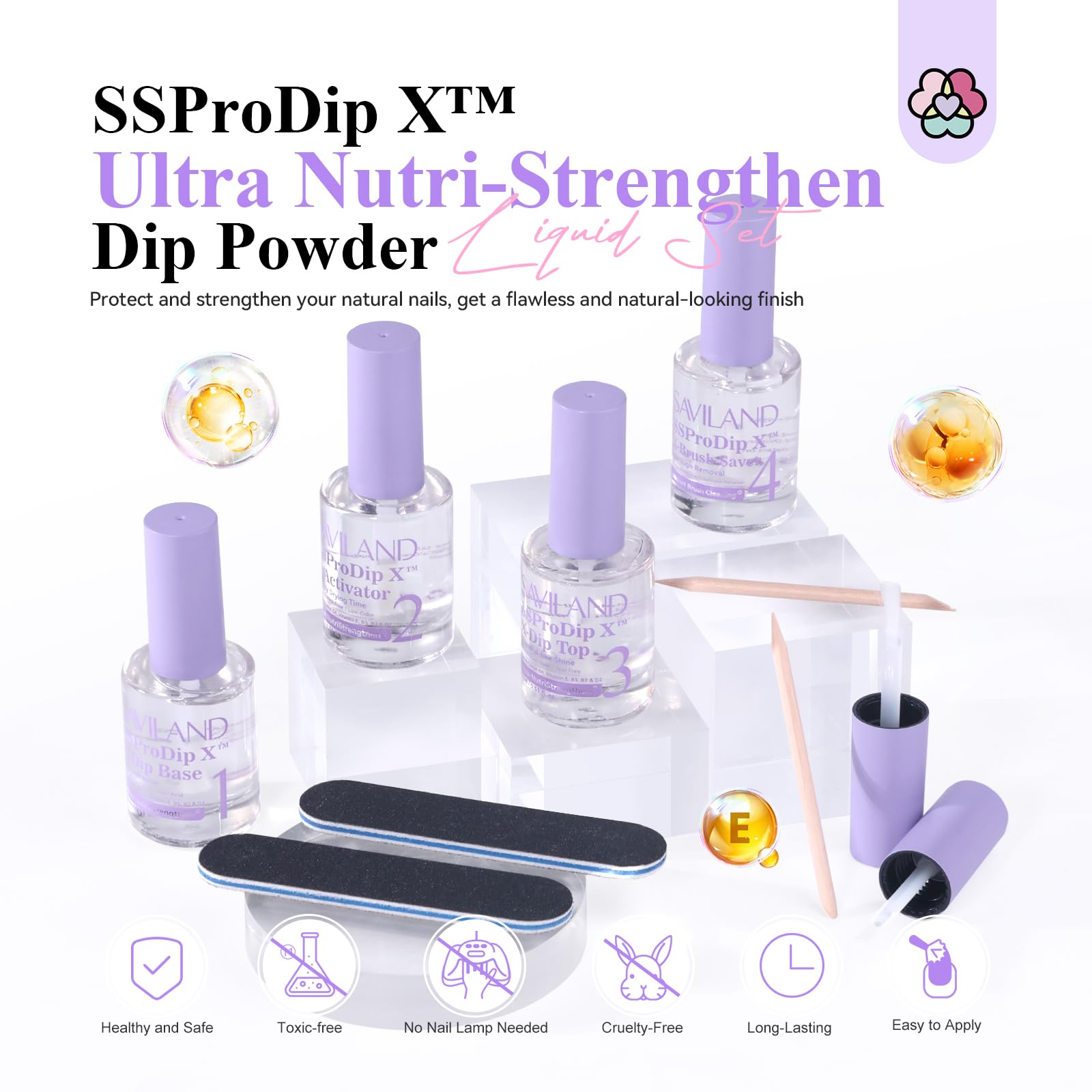 SAVILAND dip-activator-bottle accelerates drying for quick, professional results.