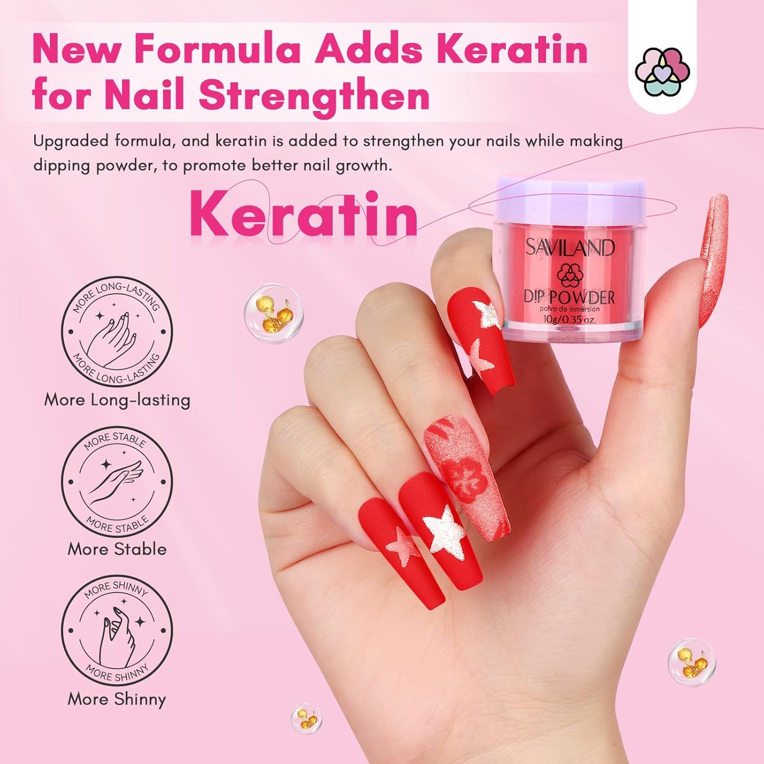 SAVILAND keratin-enhanced dip powder finish with glossy shine
