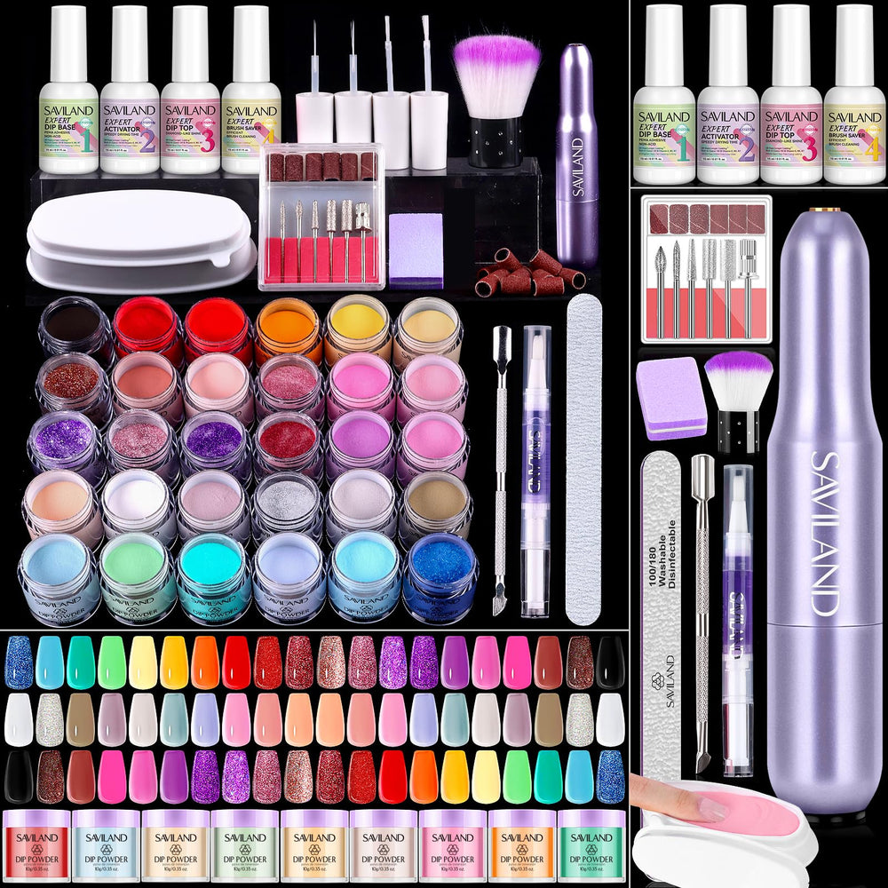 SAVILAND dip powder kit box contents showing full starter set for DIY nails