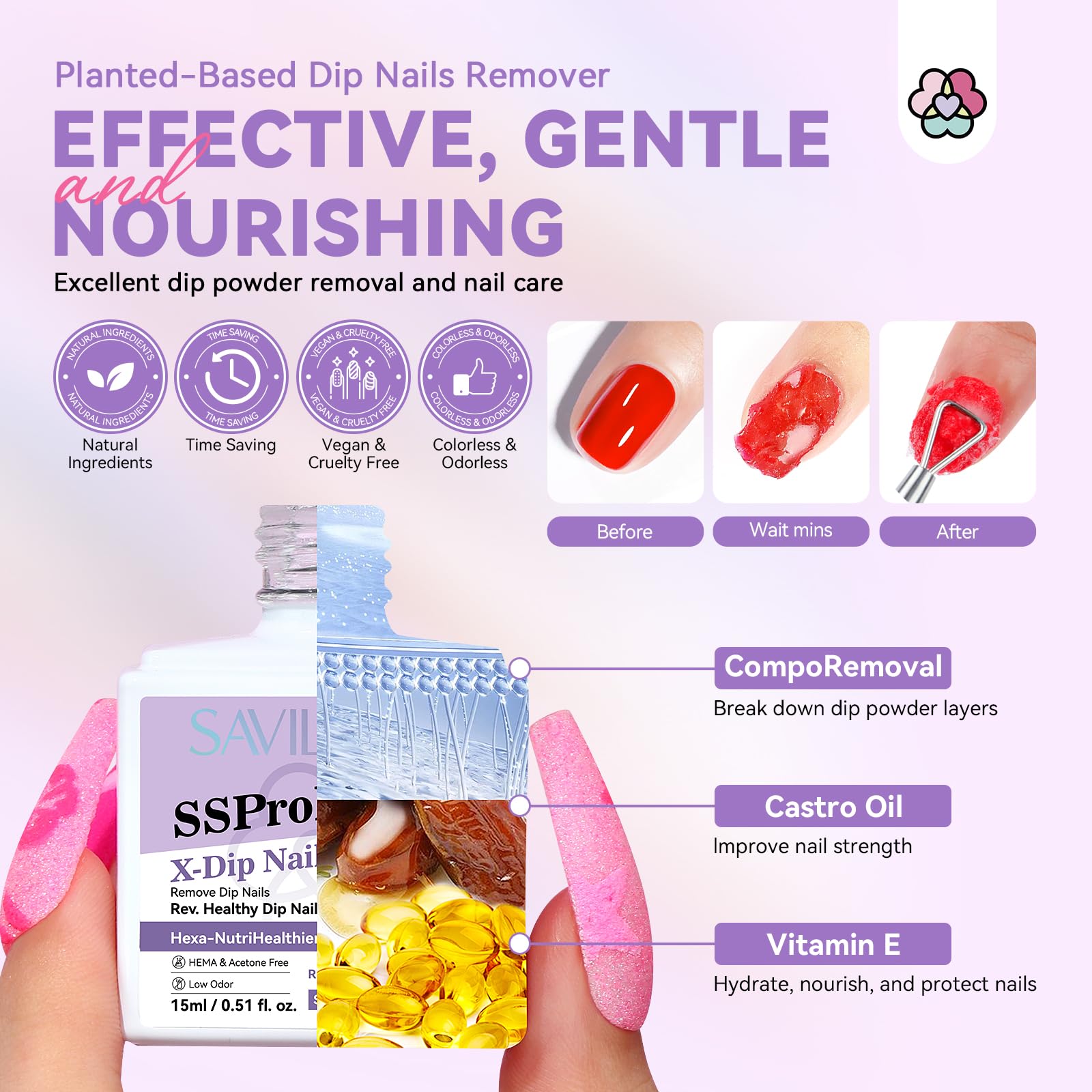 SAVILAND dip powder remover bottles closeup showing gentle removal features.