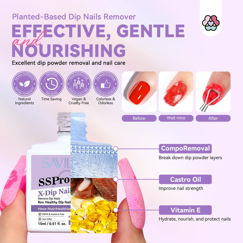 SAVILAND dip powder remover bottles closeup showing gentle removal features.