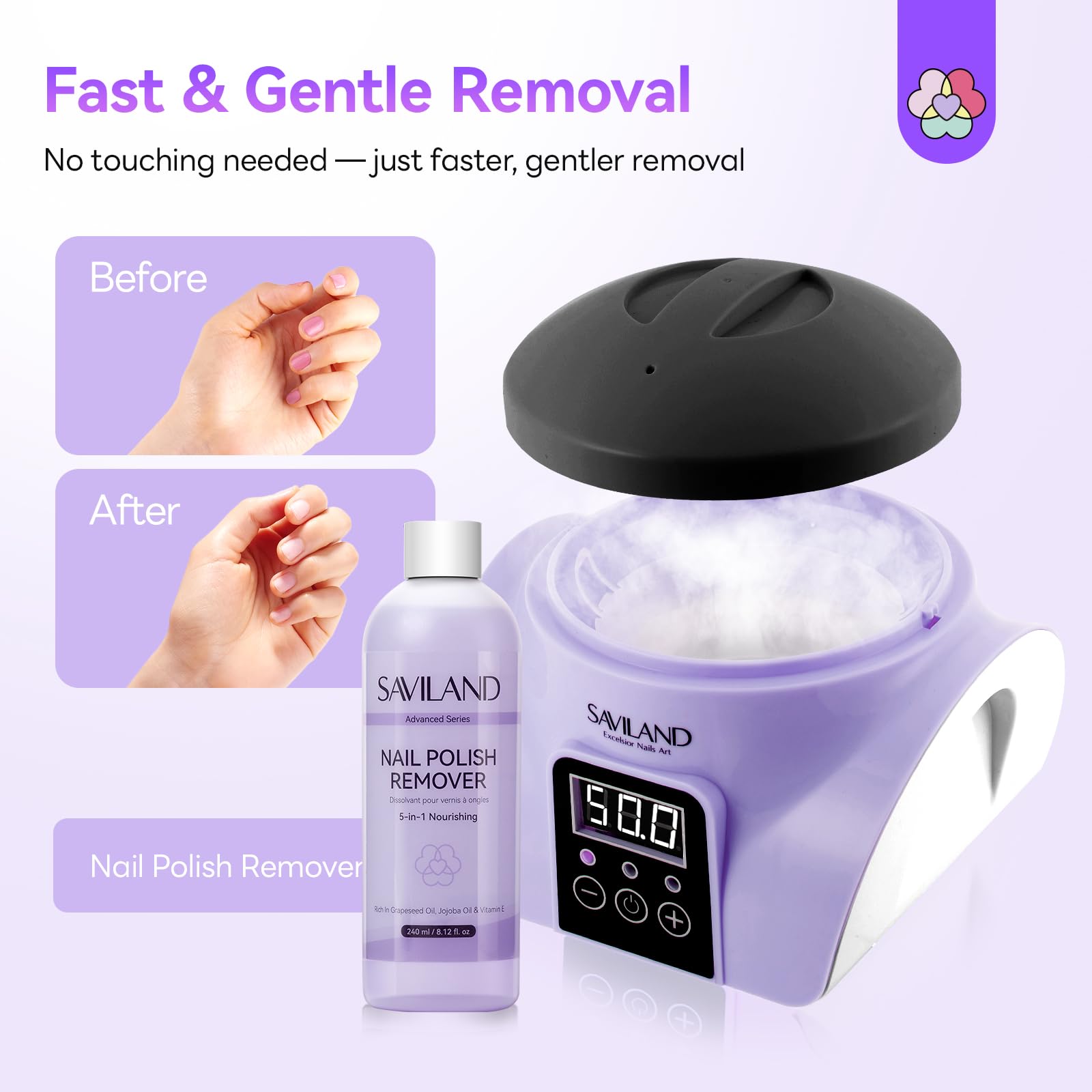 SAVILAND Essentials 5-in-1 nourishing formula bottle provides hydration during removal.