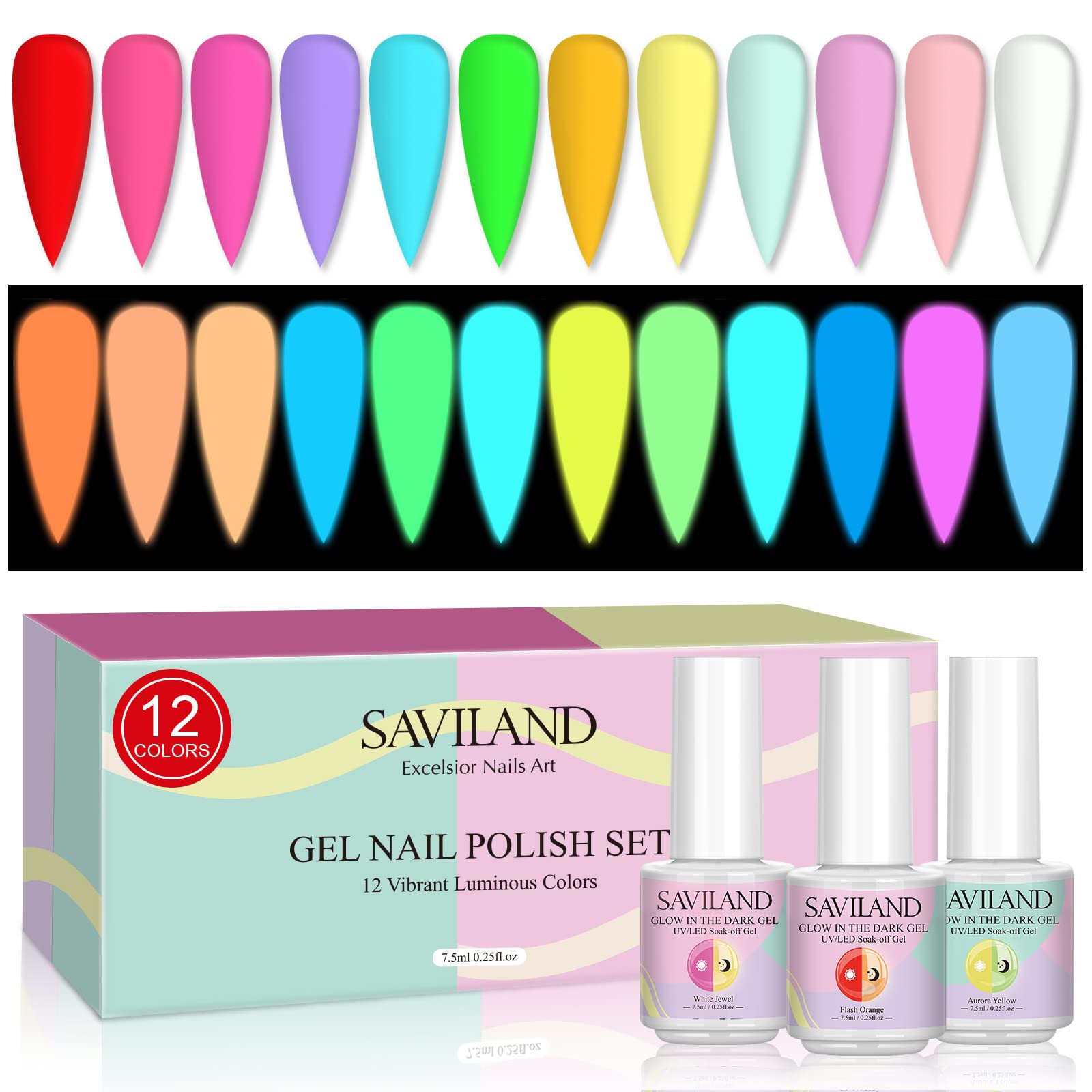SAVILAND glow-in-the-dark gel polish set bottles glowing for night nails