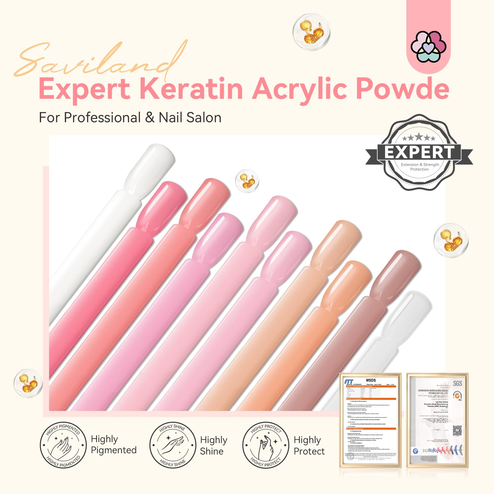 Saviland keratin-infused nail powder close-up highlights protective formula for natural nails.