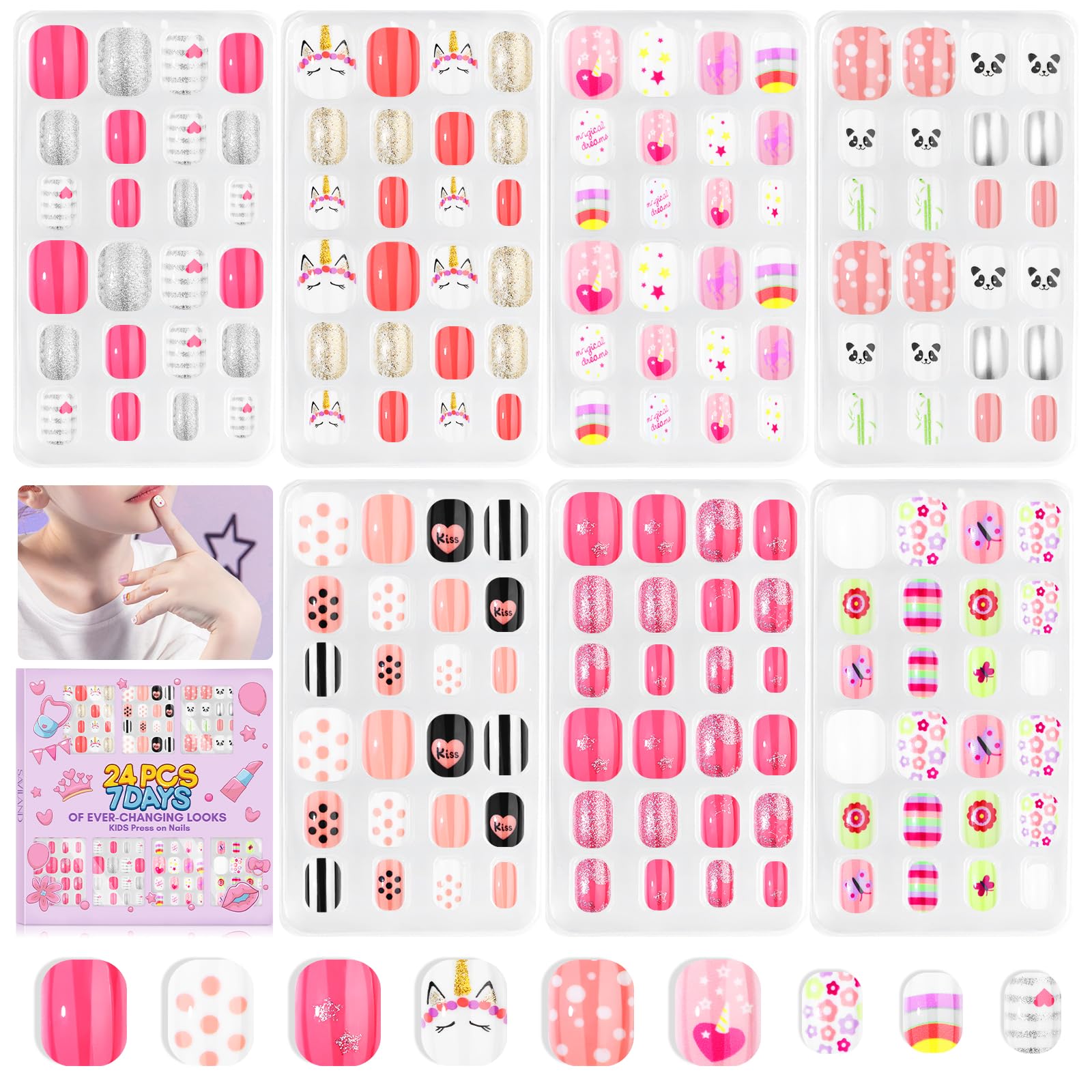 SAVILAND kids press-on nails with varied sizes and patterns for quick, mess-free nail art.