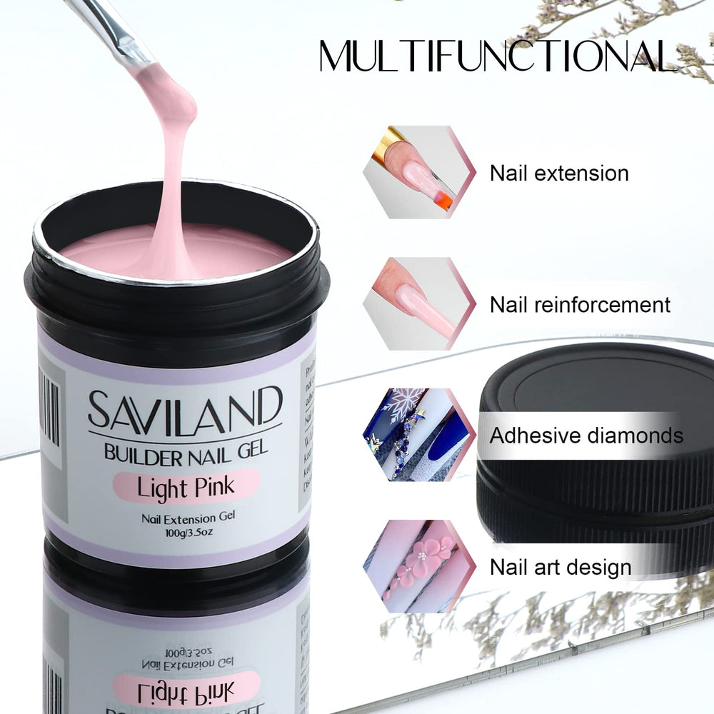 SAVILAND light pink builder gel on hand demonstrating smooth extension shaping