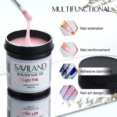 SAVILAND light pink builder gel on hand demonstrating smooth extension shaping