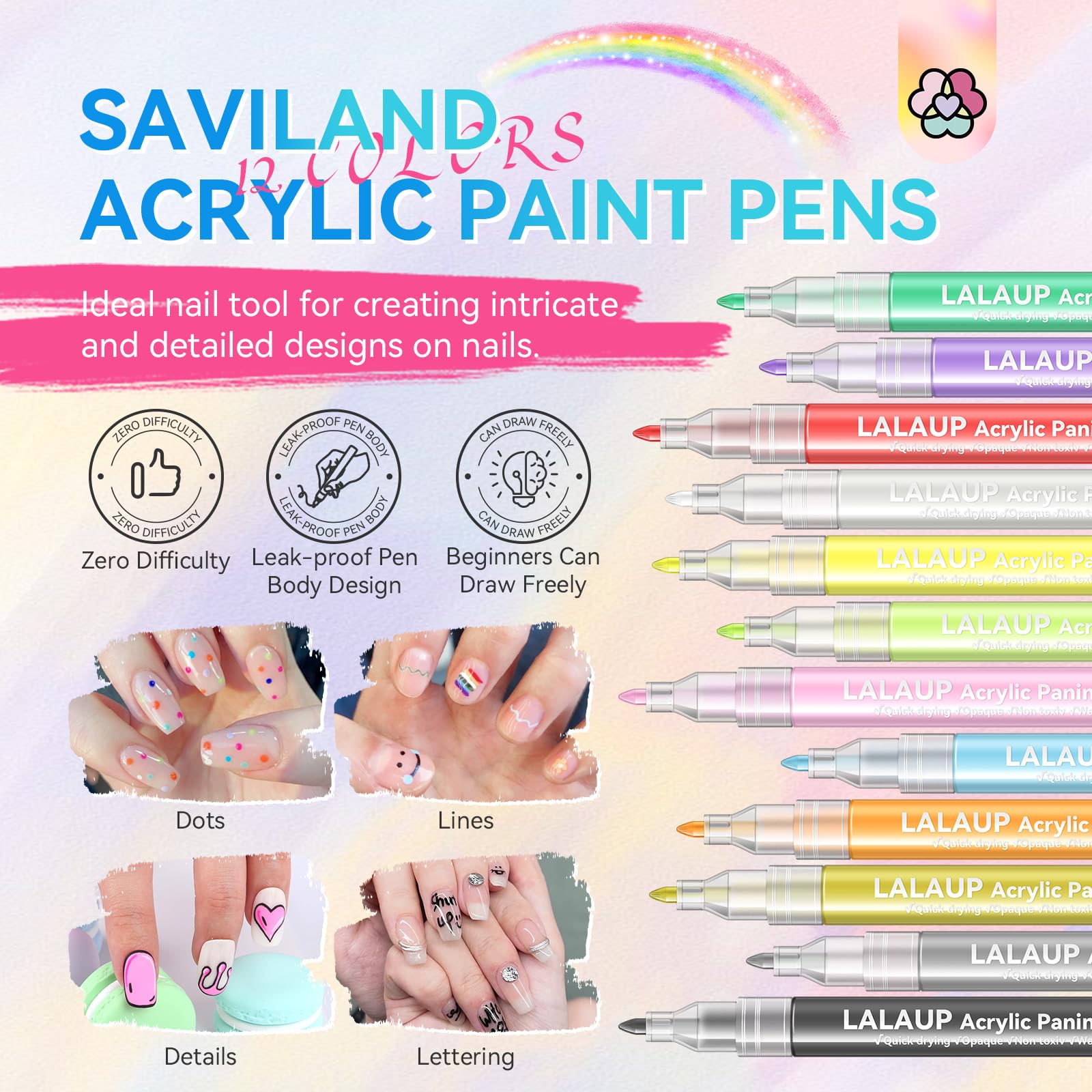 Saviland nail art pens fine-tip closeup highlights precise application for intricate detailing.