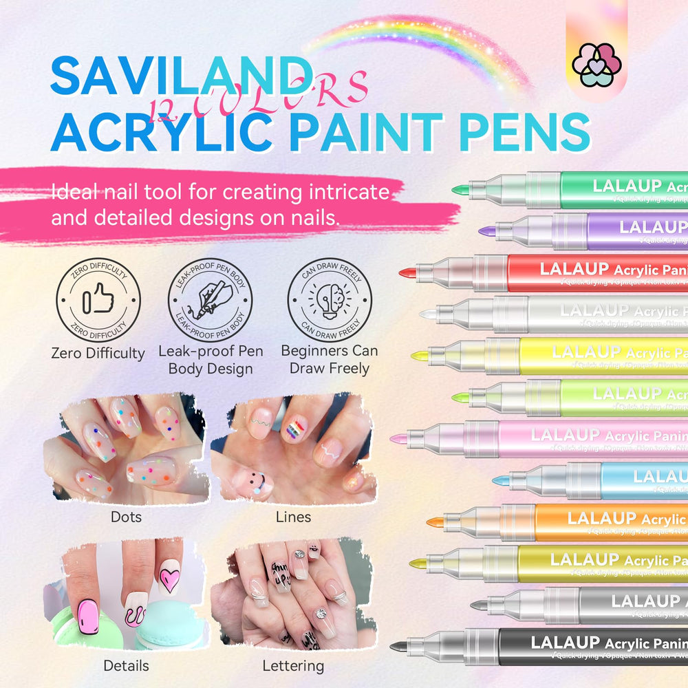 Saviland nail art pens fine-tip closeup highlights precise application for intricate detailing.