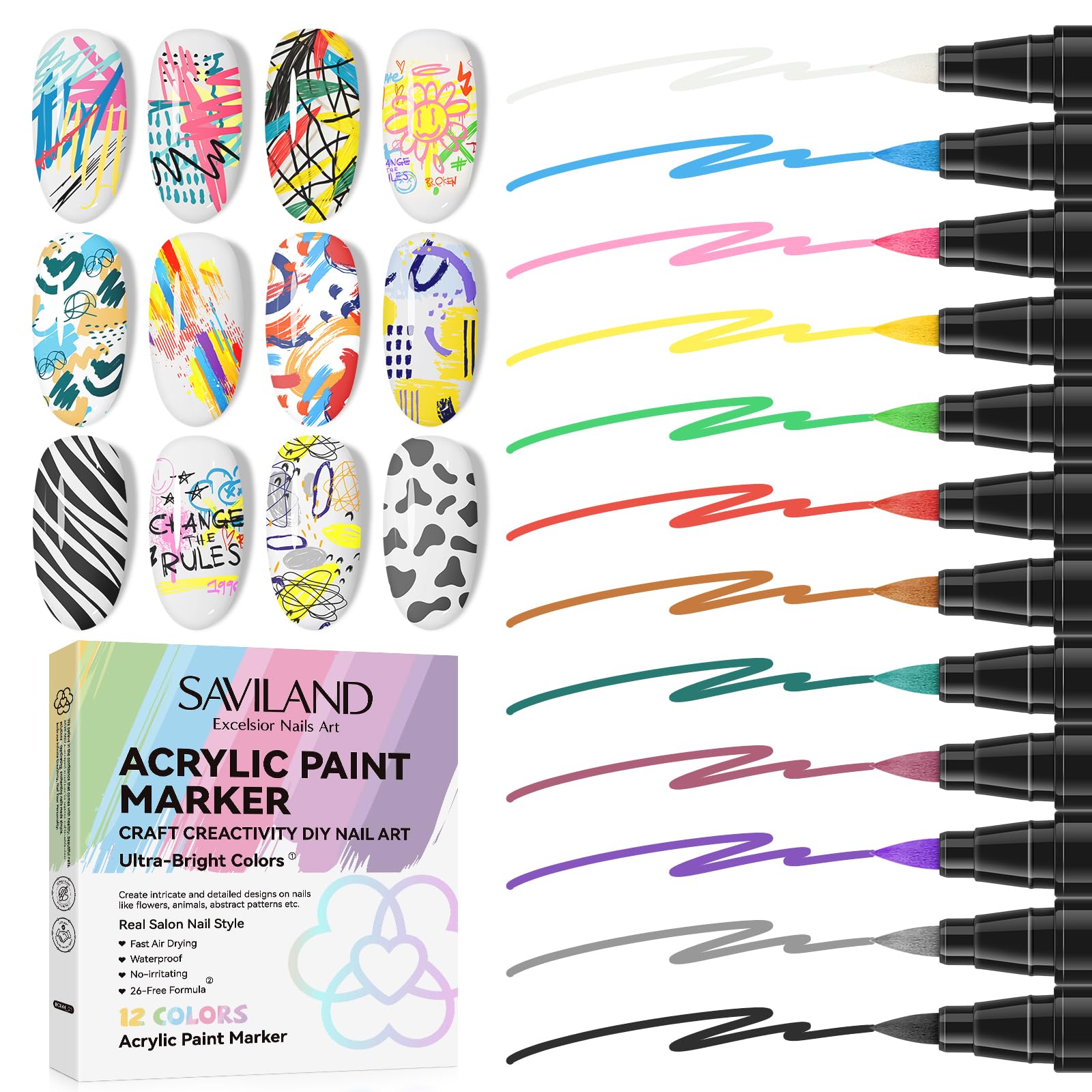 SAVILAND Nail Art Pens Set 12 colors swatch showing vibrant, colorfast hues for DIY nails.
