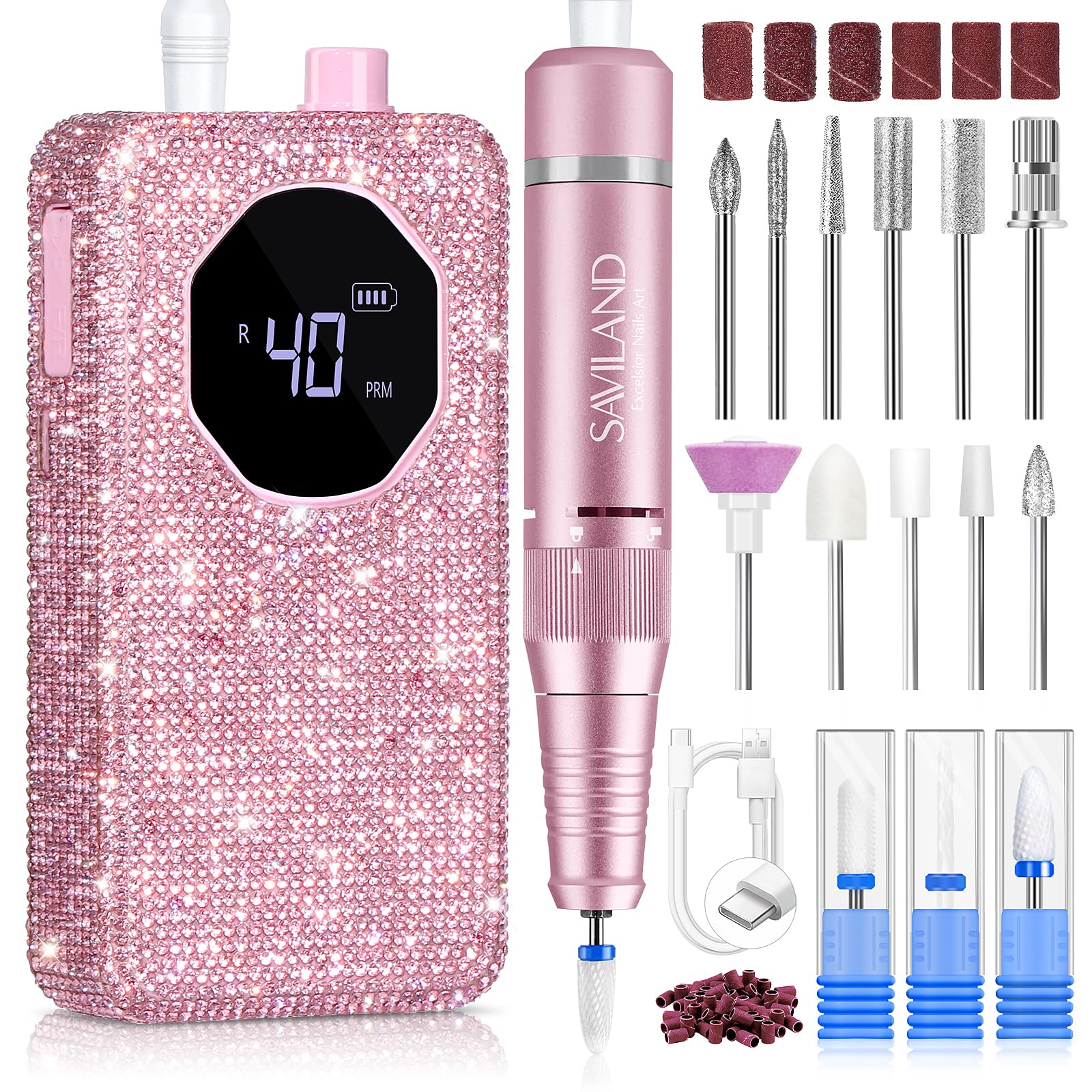 SAVILAND nail drill 40000rpm front view shows powerful speed for fast acrylic removal.