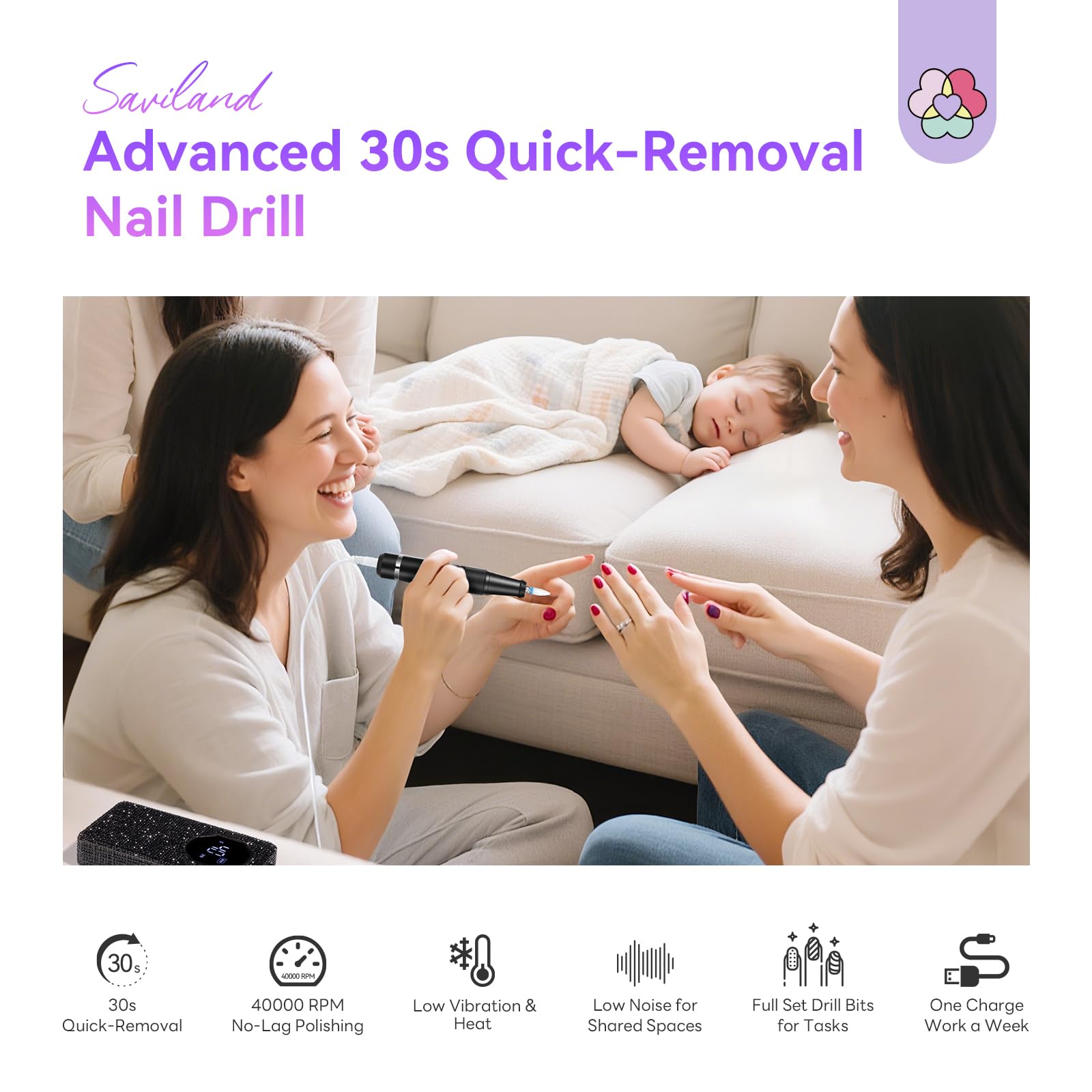 SAVILAND nail drill ceramic bit closeup emphasizing precise shaping and gentle material handling