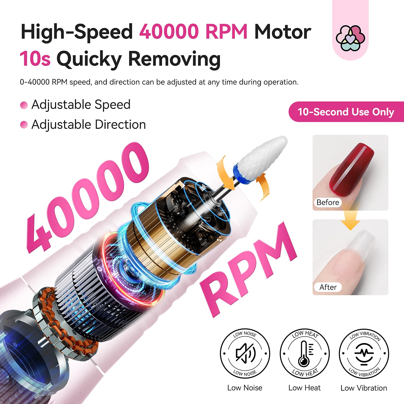 SAVILAND nail drill LCD display clearly shows speed, direction, and battery life.