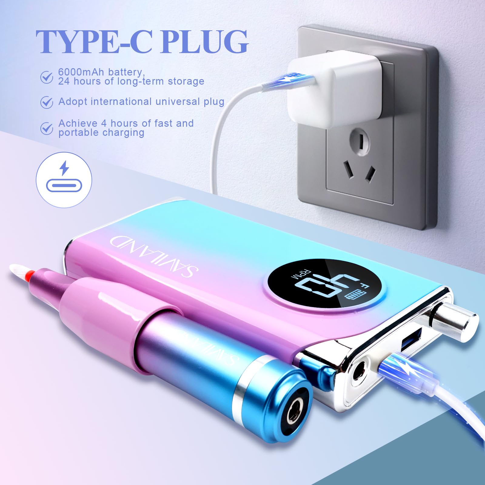 SAVILAND Type-C charging with clear LCD display helps monitor speed.