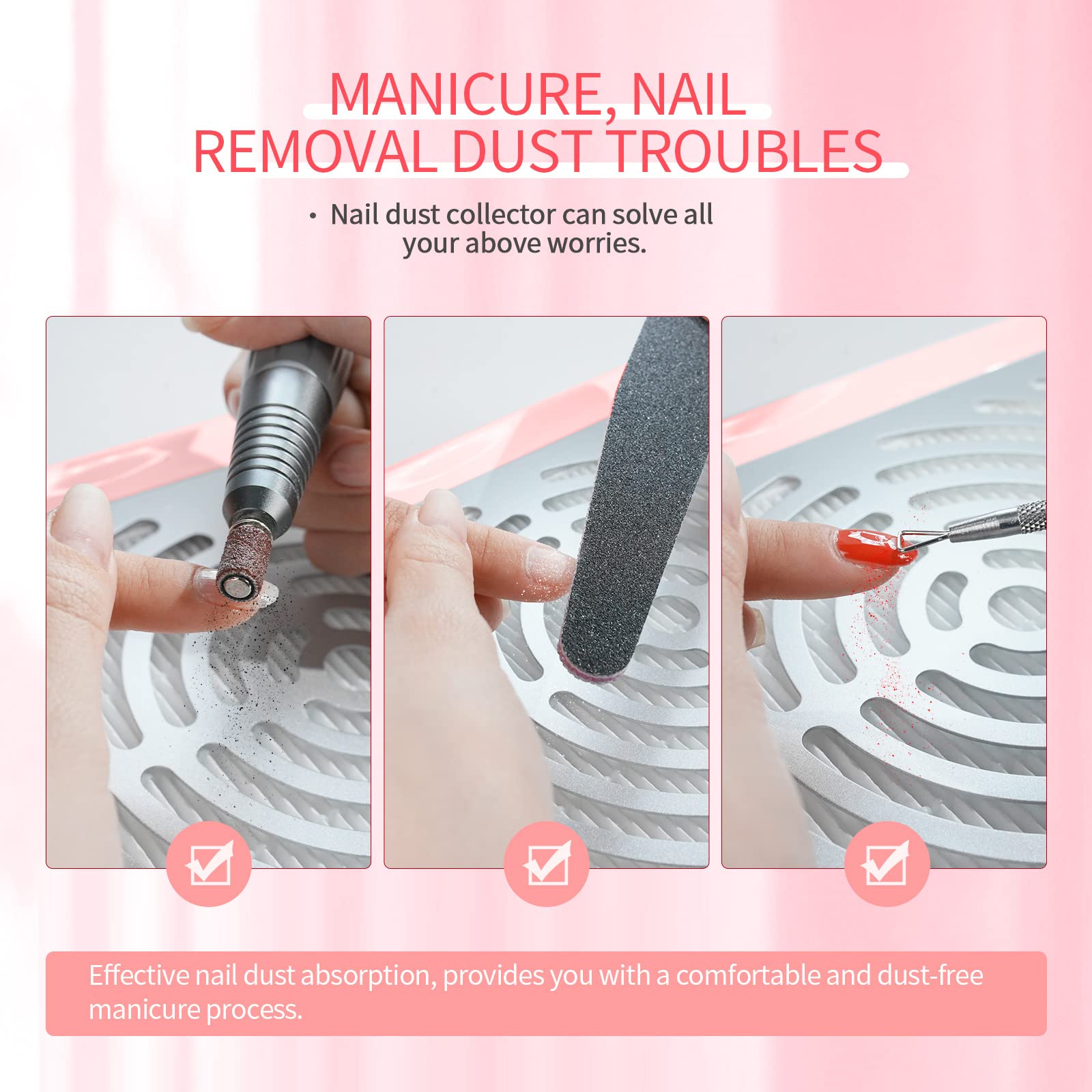 SAVILAND Nail Dust Collector flexible hose-angle improves dust collection around hands.