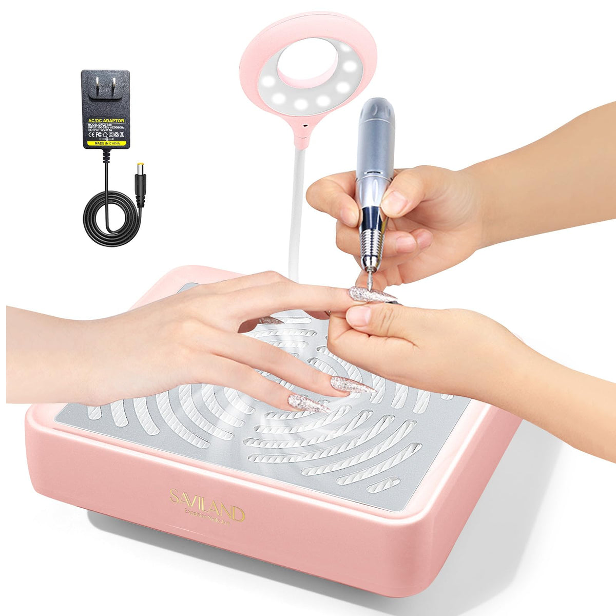 SAVILAND Nail Dust Collector front view highlights powerful 40W suction for clean nails.