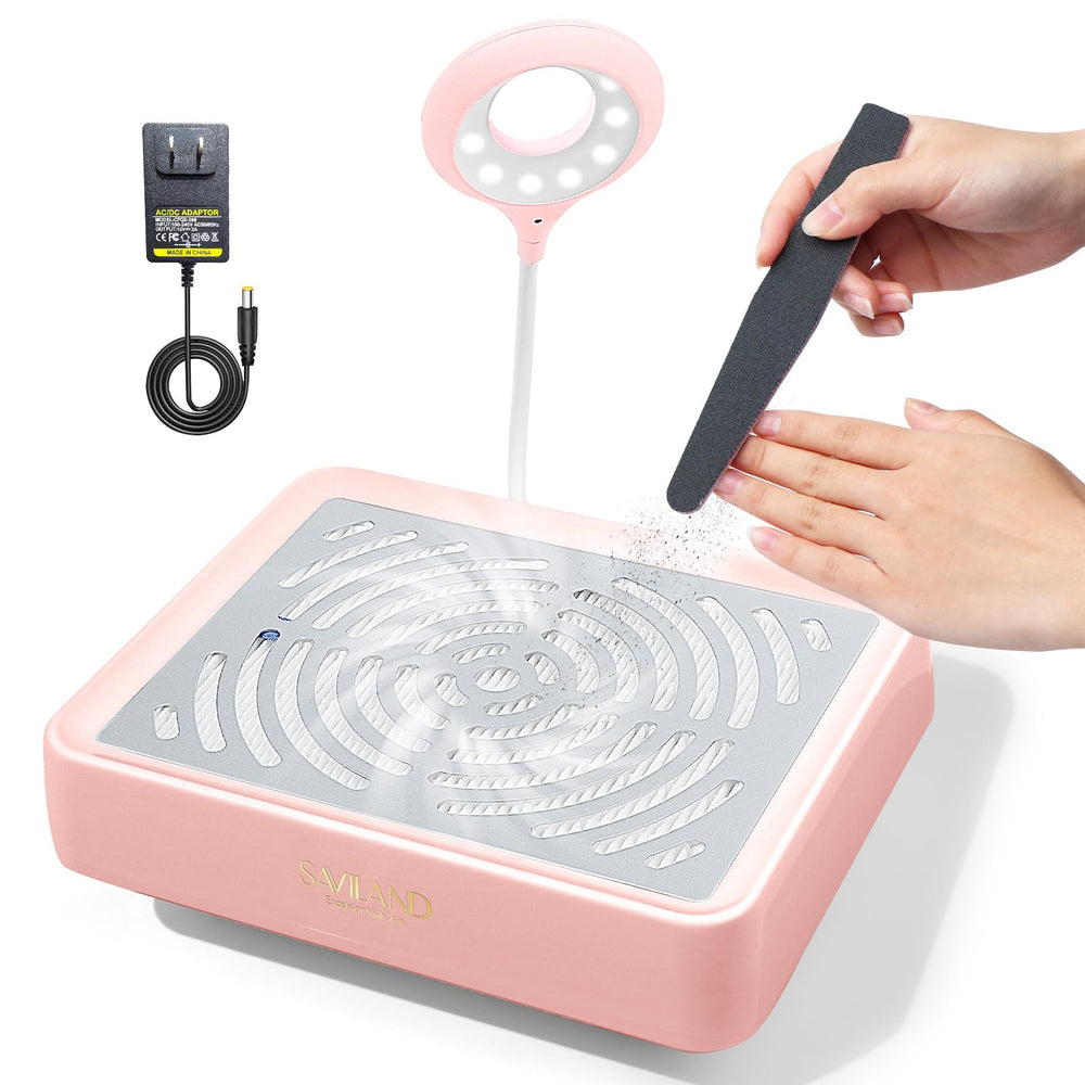 SAVILAND Nail Dust Collector with Lamp shows LEDs for precise, dust-free manicures.