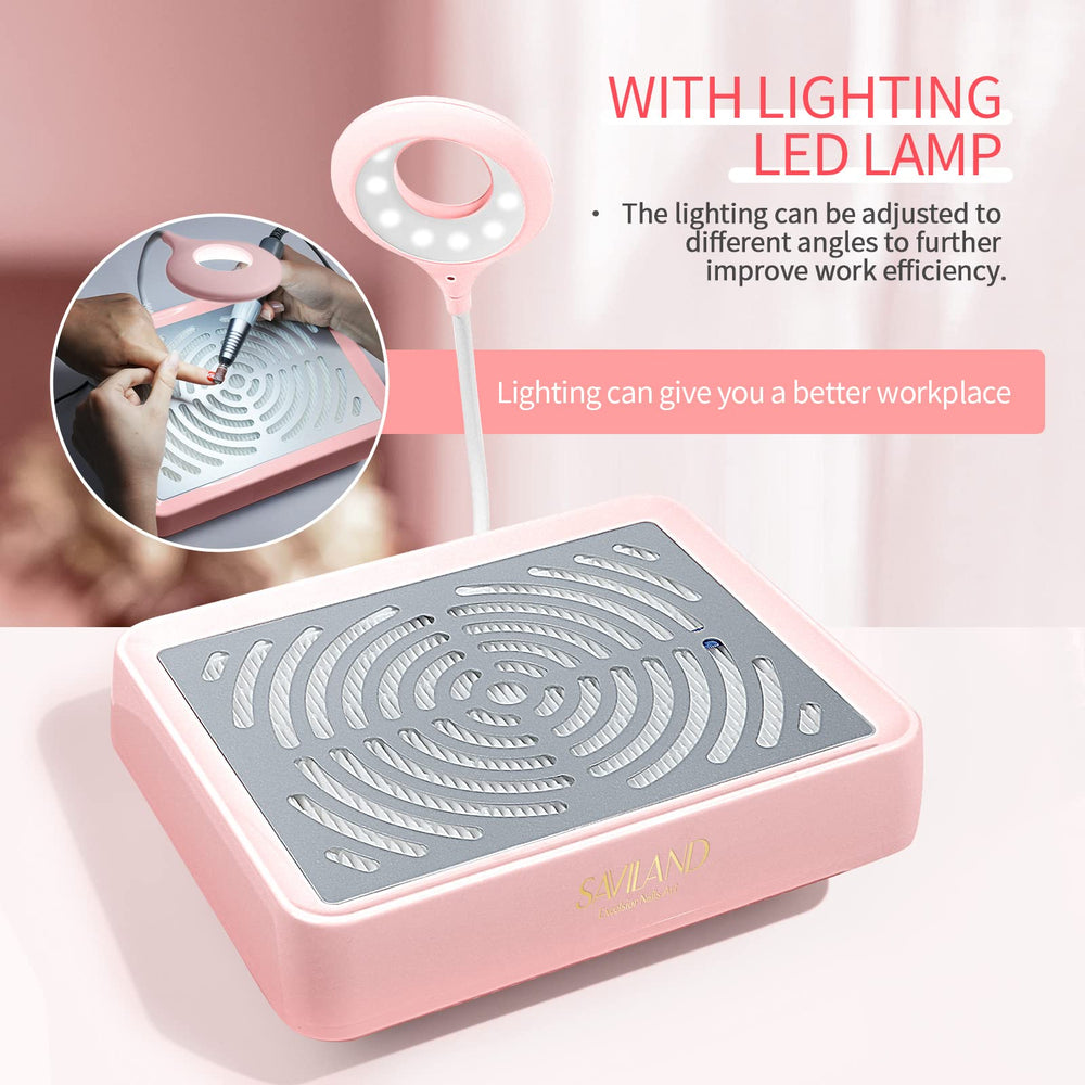 SAVILAND Nail Dust Collector LED lamp in use for improved visibility during polishing.