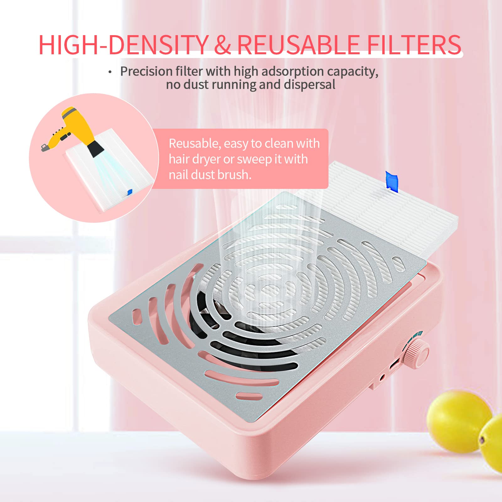 SAVILAND Nail Dust Collector reusable filter emphasizes easy cleaning and sustainability.