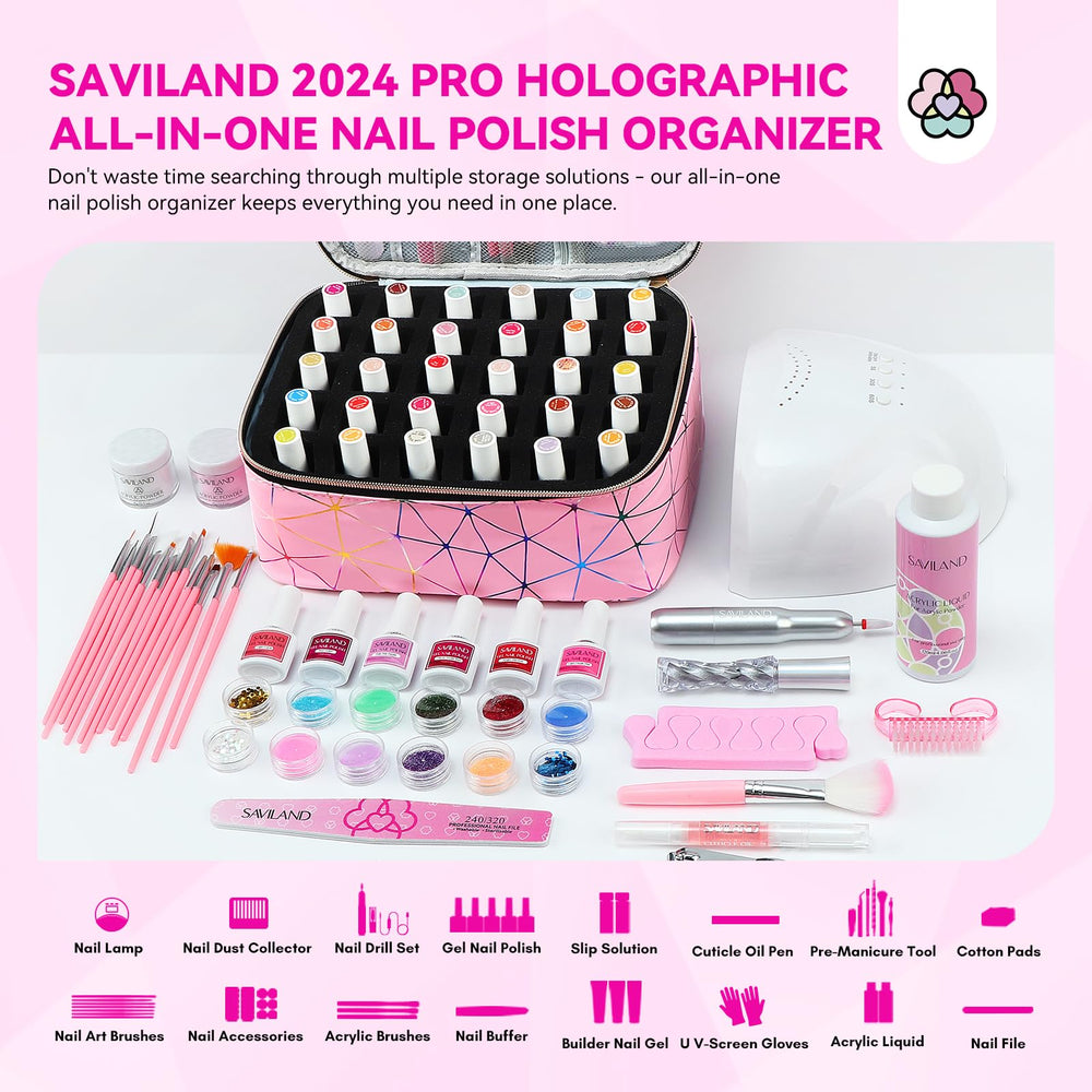 SAVILAND Bottle holders demonstrate capacity for 30 bottles and manicure tools.