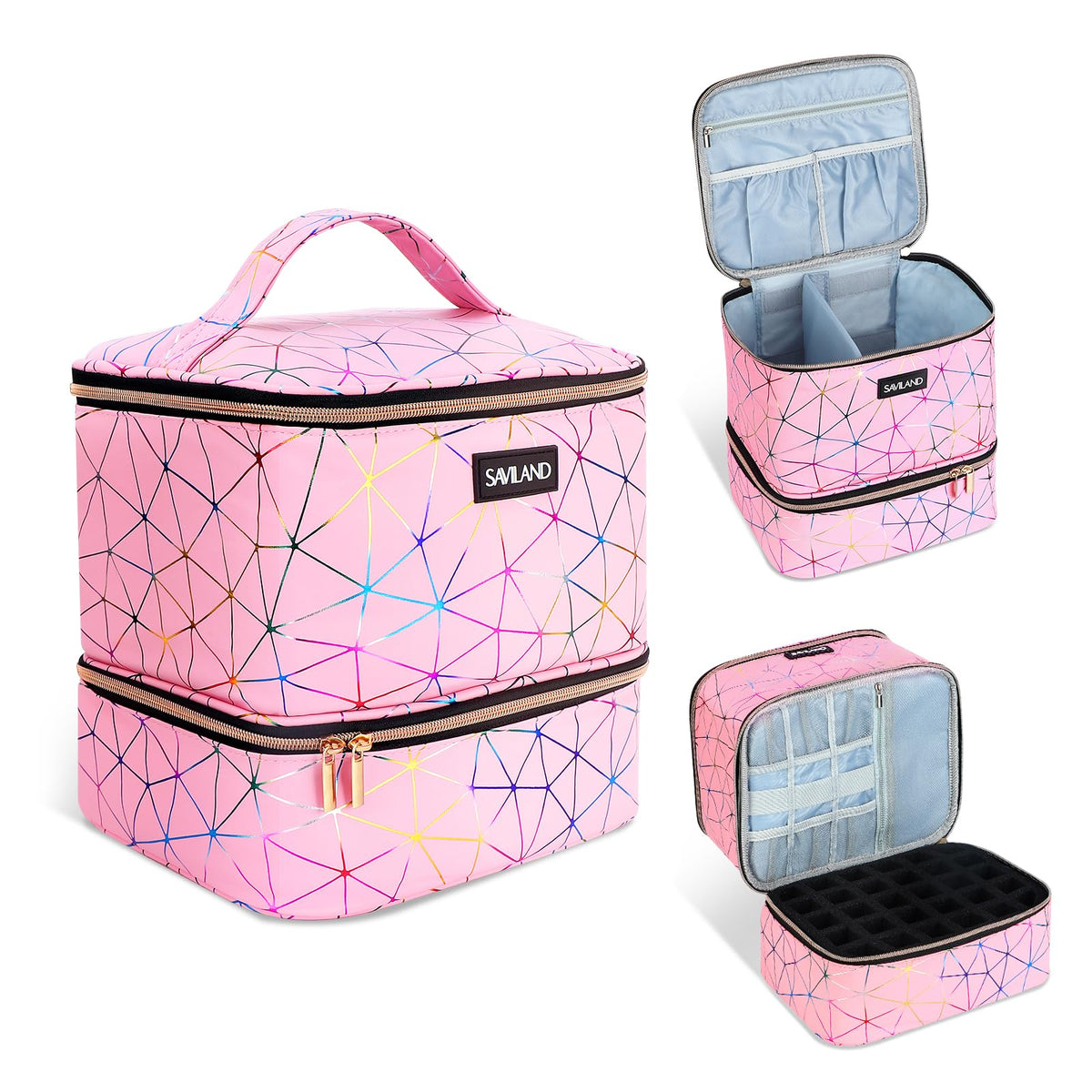 SAVILAND Nail Polish Organizer bag in holographic pink front view for on-the-go nail care.