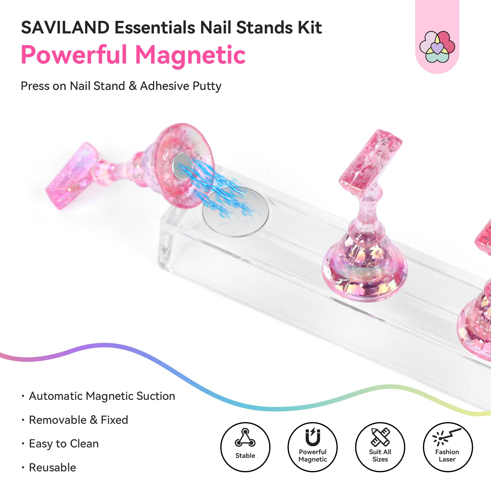 SAVILAND nail stand displaying 15 tips for easy drying and showcasing designs.