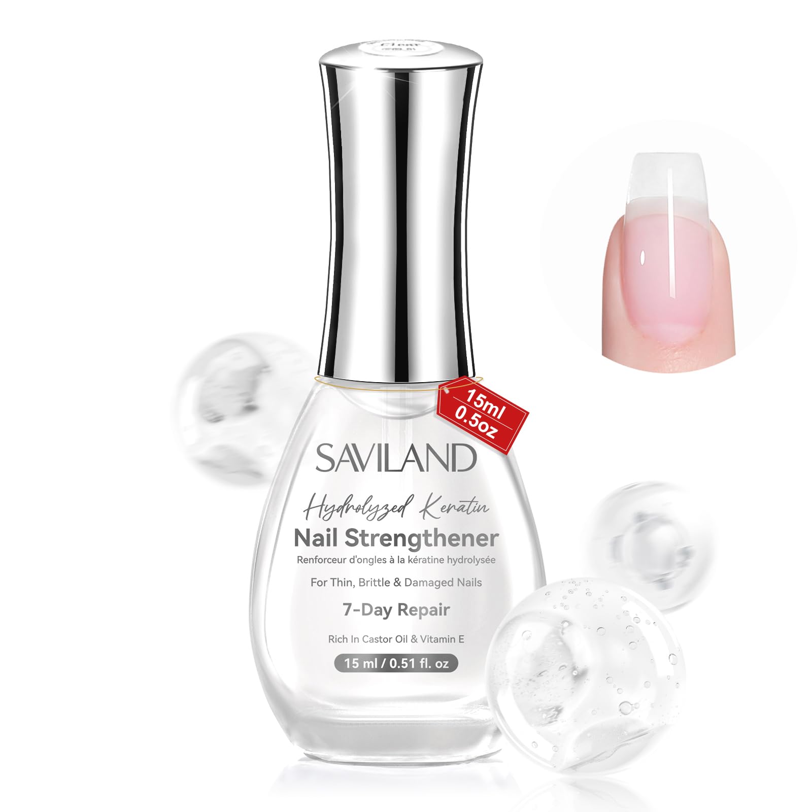 SAVILAND Nail Strengthener bottle closeup showing clear formula for stronger nails
