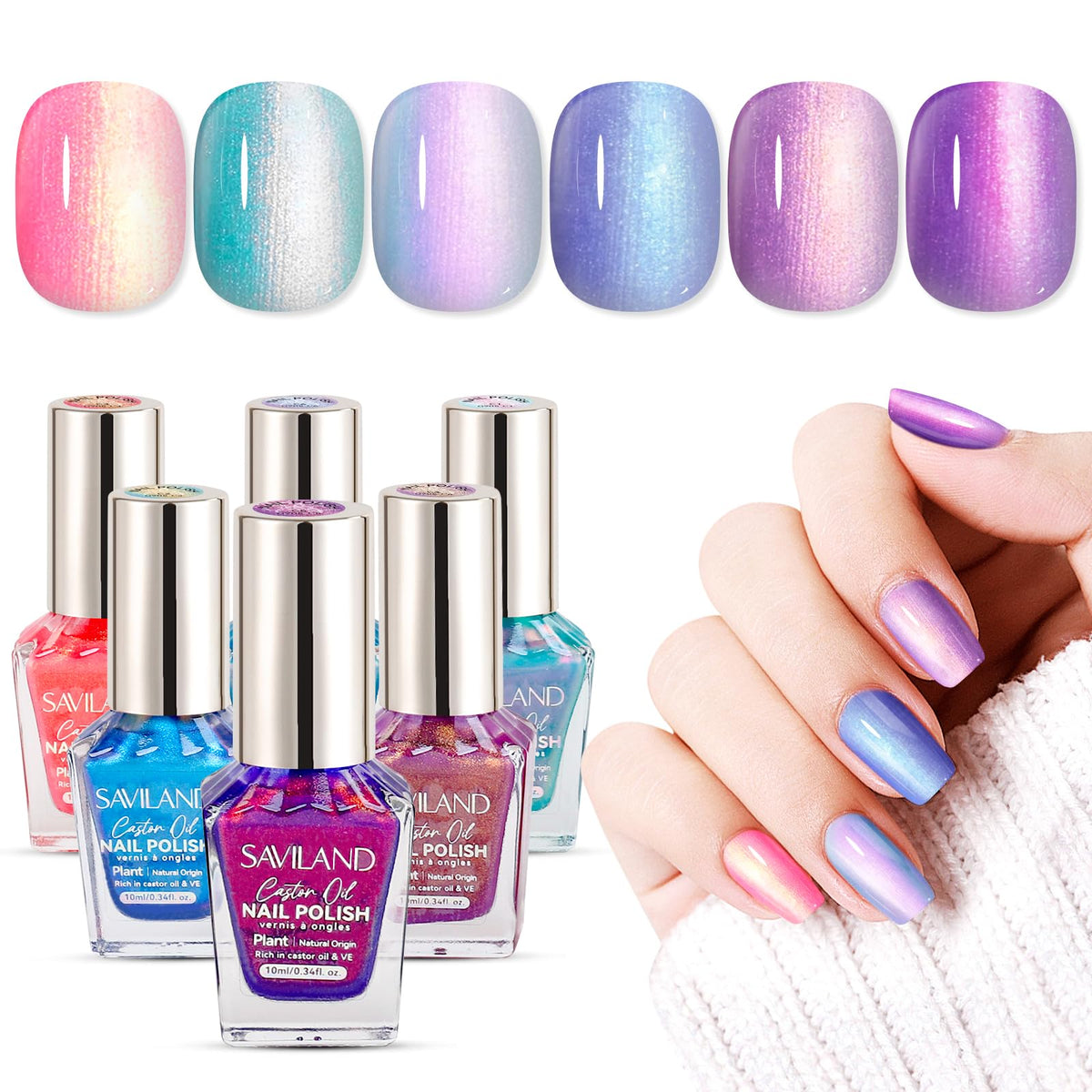 SAVILAND ombre nail polish set display showing six pearl hues for versatile summer looks.