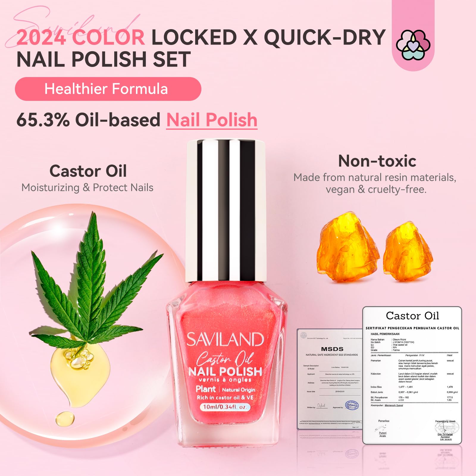 SAVILAND packaging bottle close-up emphasizes plant-based castor oil formula.