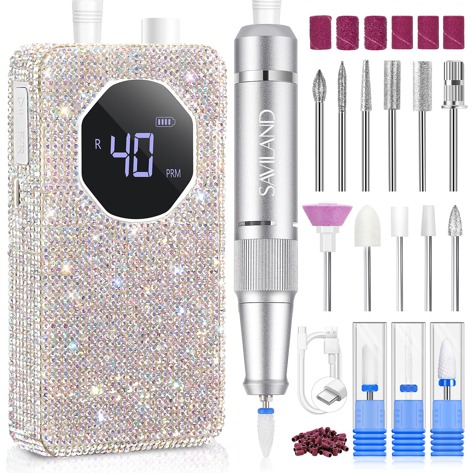 SAVILAND professional nail drill glitter front view for fast gel removal and salon-grade reliability.
