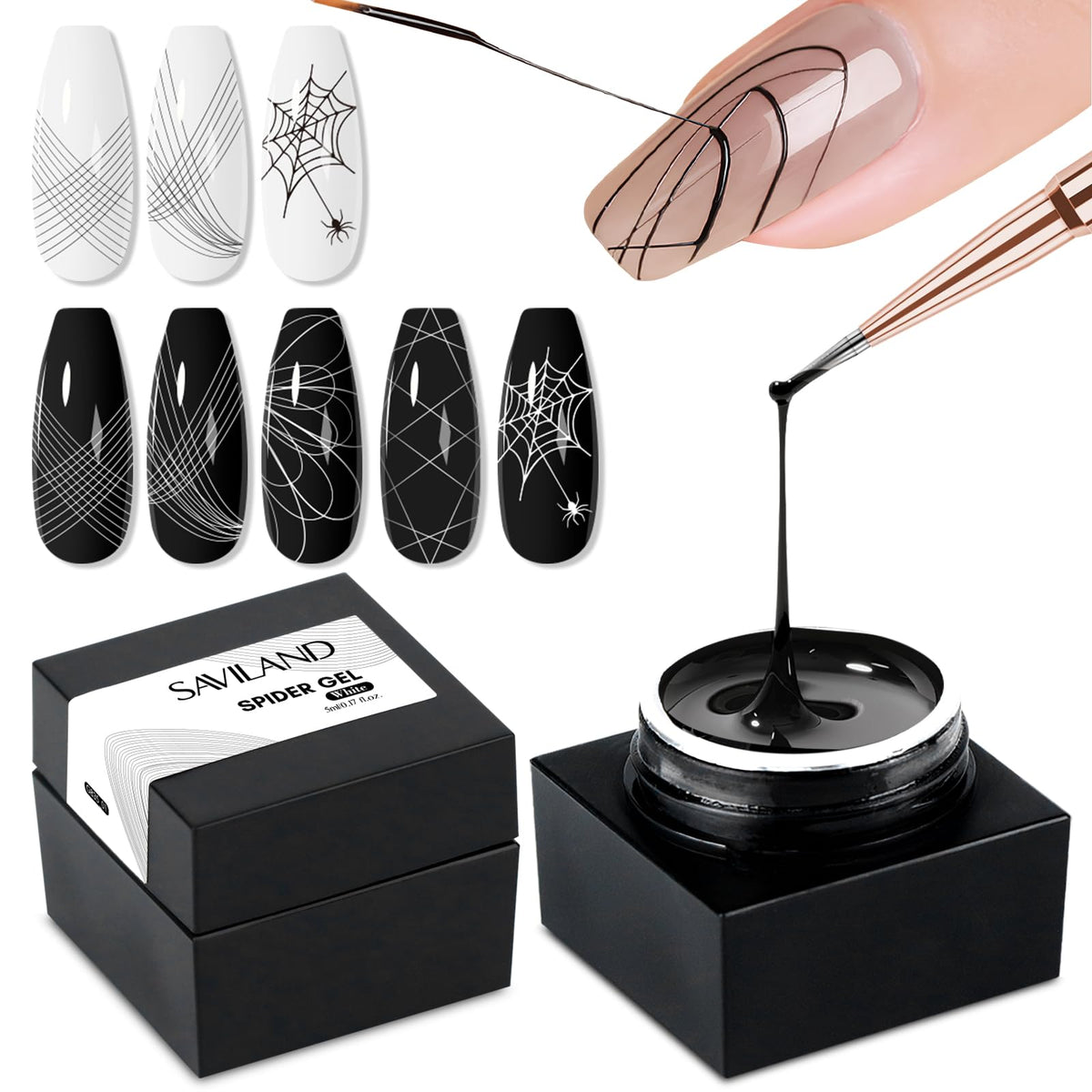 SAVILAND spider gel black bottle close-up shows vivid pigment for detailed nail art.
