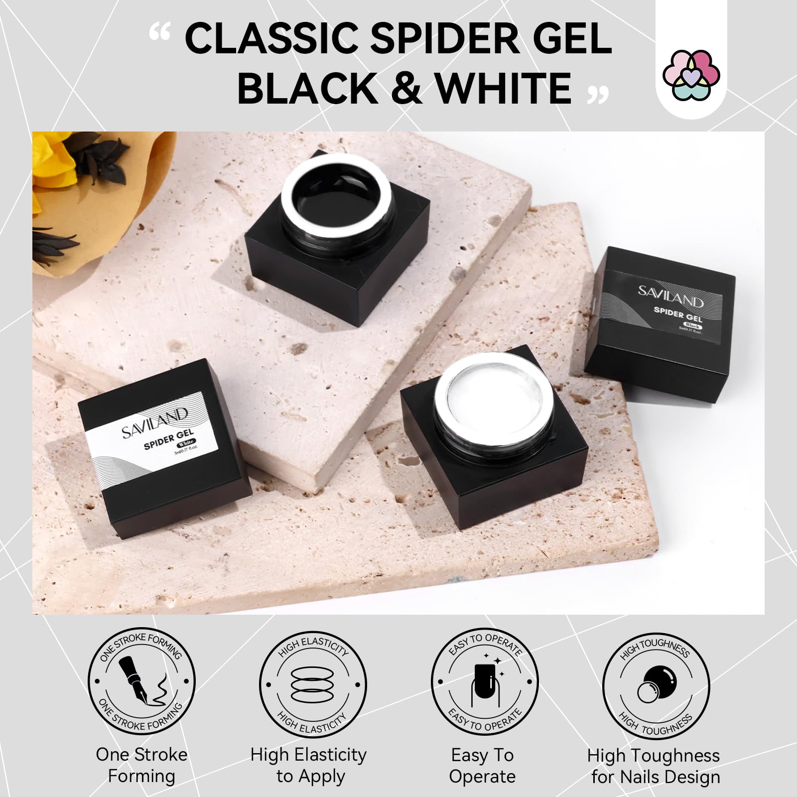 SAVILAND spider gel white bottle close-up highlights bright, opaque white for crisp designs.