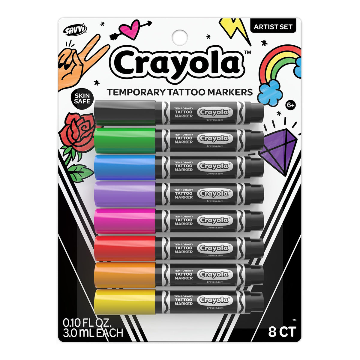 Savvi Crayola 8ct tattoo markers color swatches for vibrant temporary designs.