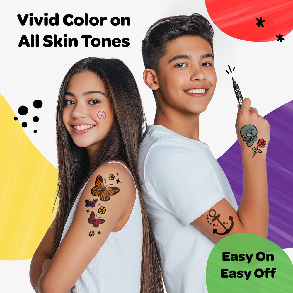 Savvi Crayola 8ct tattoo markers ink on skin with skin-safe formula.