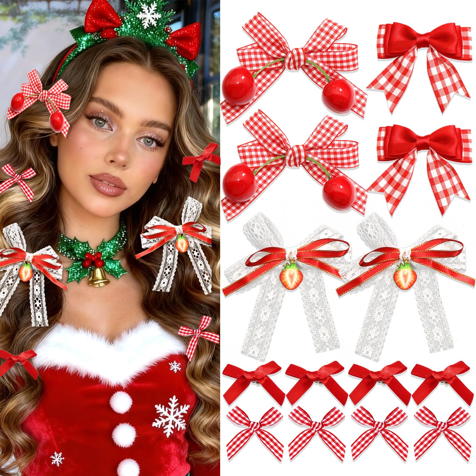 SAWINDA strawberry-cherry-bow-clip cherry-plaid detail adds festive charm to hairstyles